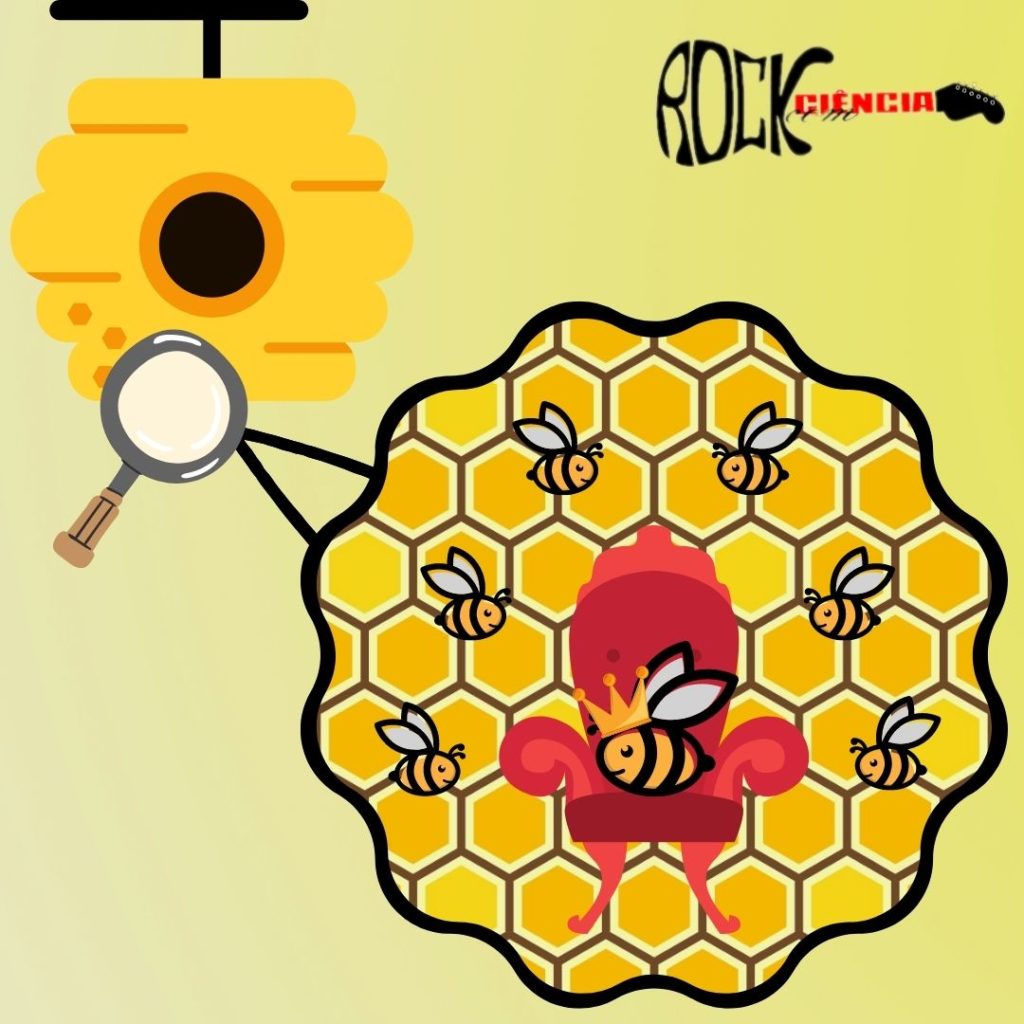 Observa-se na imagem um fundo amarelo, com uma colmeia no canto superior esquerdo. Abaixo da colmeia, há uma lupa que amplia a imagem para dentro da colmeia, onde há abelhas menores em volta de uma abelha maior, essa sentada em um trono vermelho e com uma coroa dourada.